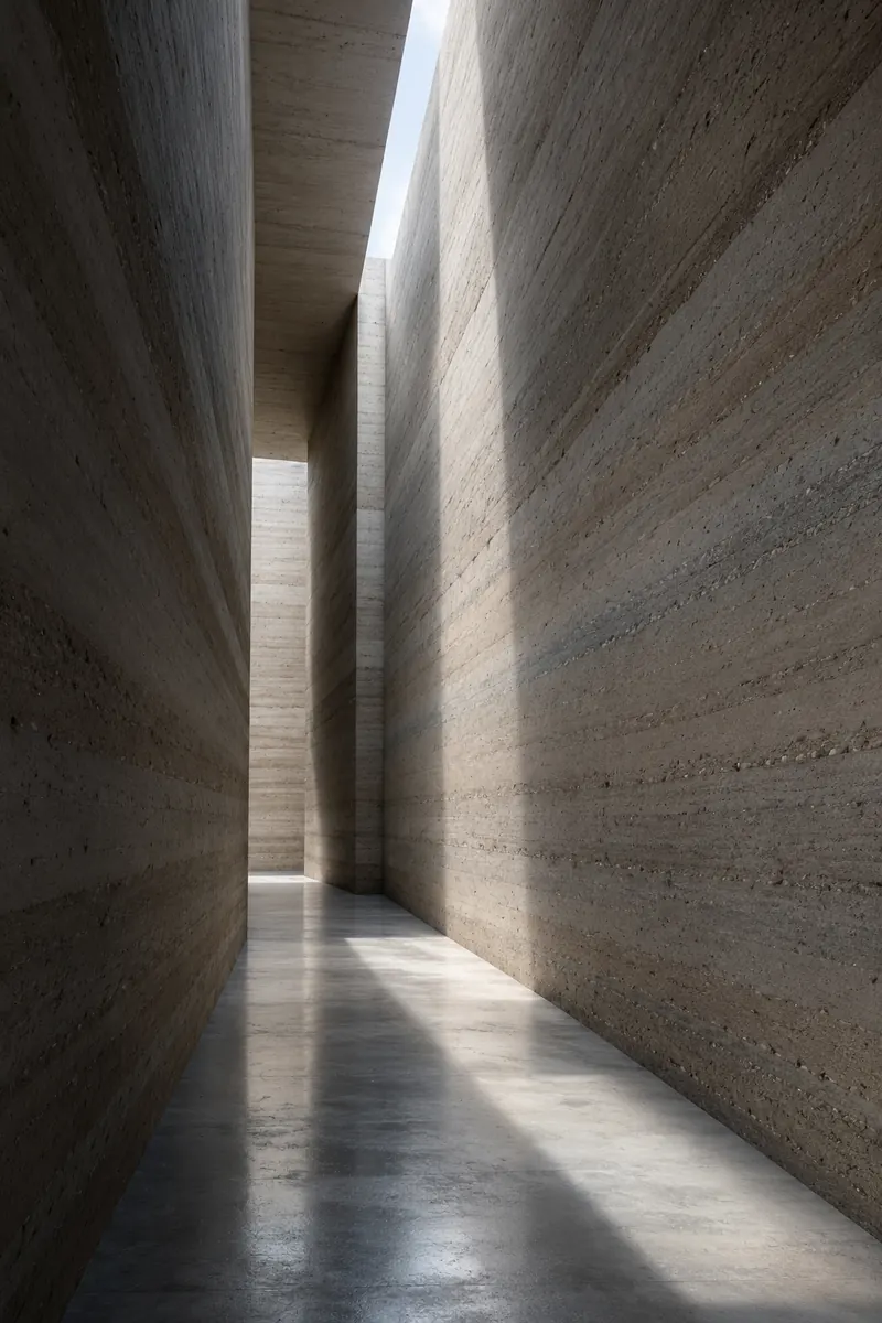 A corridor between rammed earth walls lit from above
