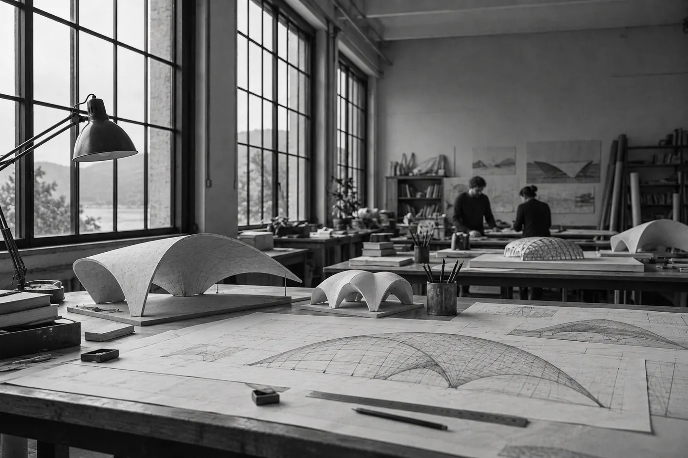 The studio: drawing tables and shell models