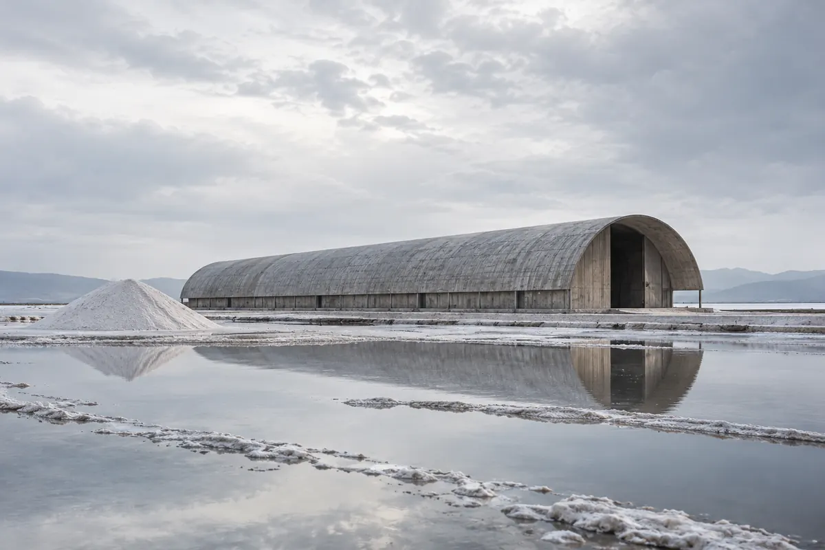 A long concrete barrel vault on the salt flats