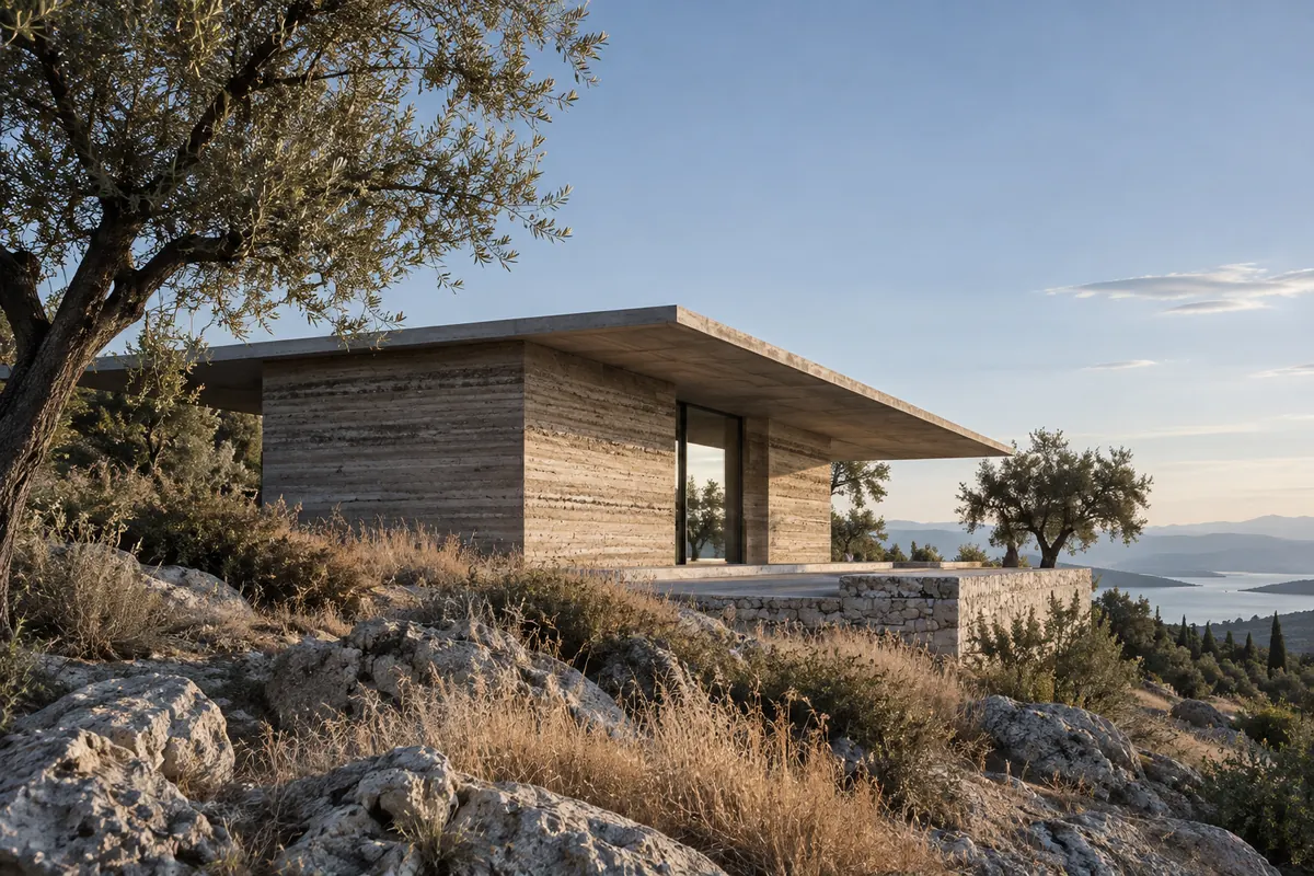 A rammed earth house on a dry ridge