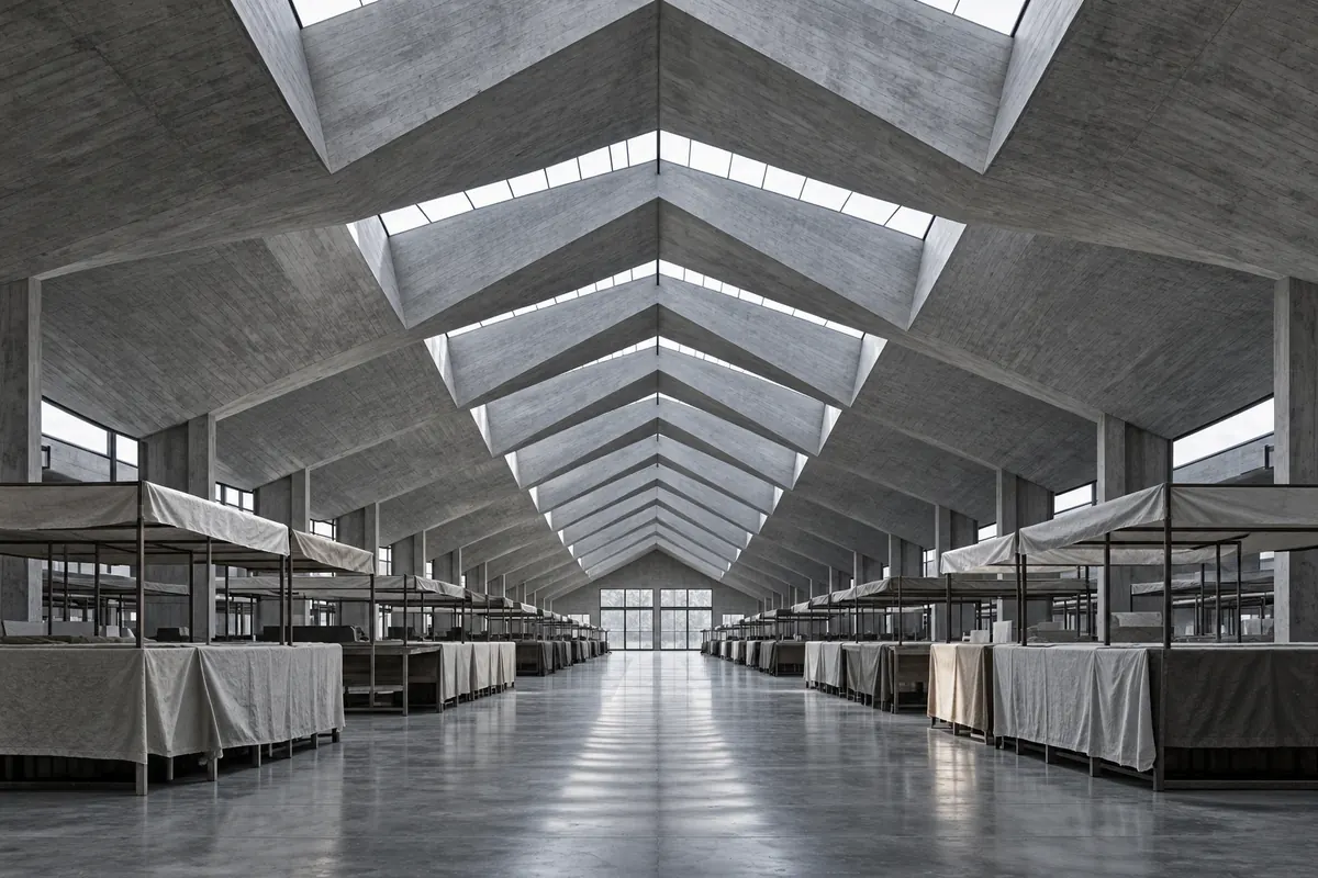 Inside a market hall under a folded concrete roof