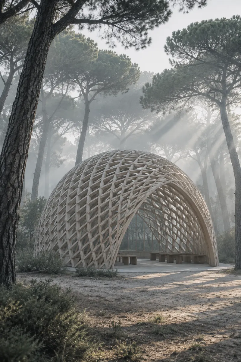 A timber gridshell chapel among pine trees
