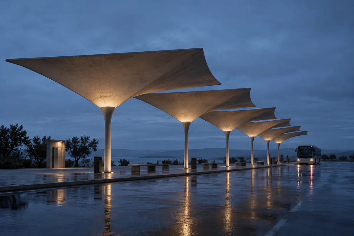 Concrete umbrella canopies over a bus station at dusk