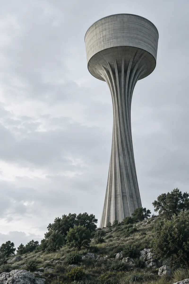 A slender ribbed concrete water tower