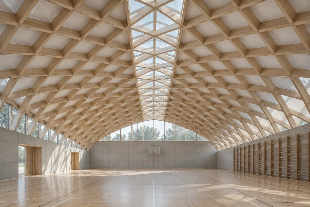 A school gymnasium under a timber lattice roof
