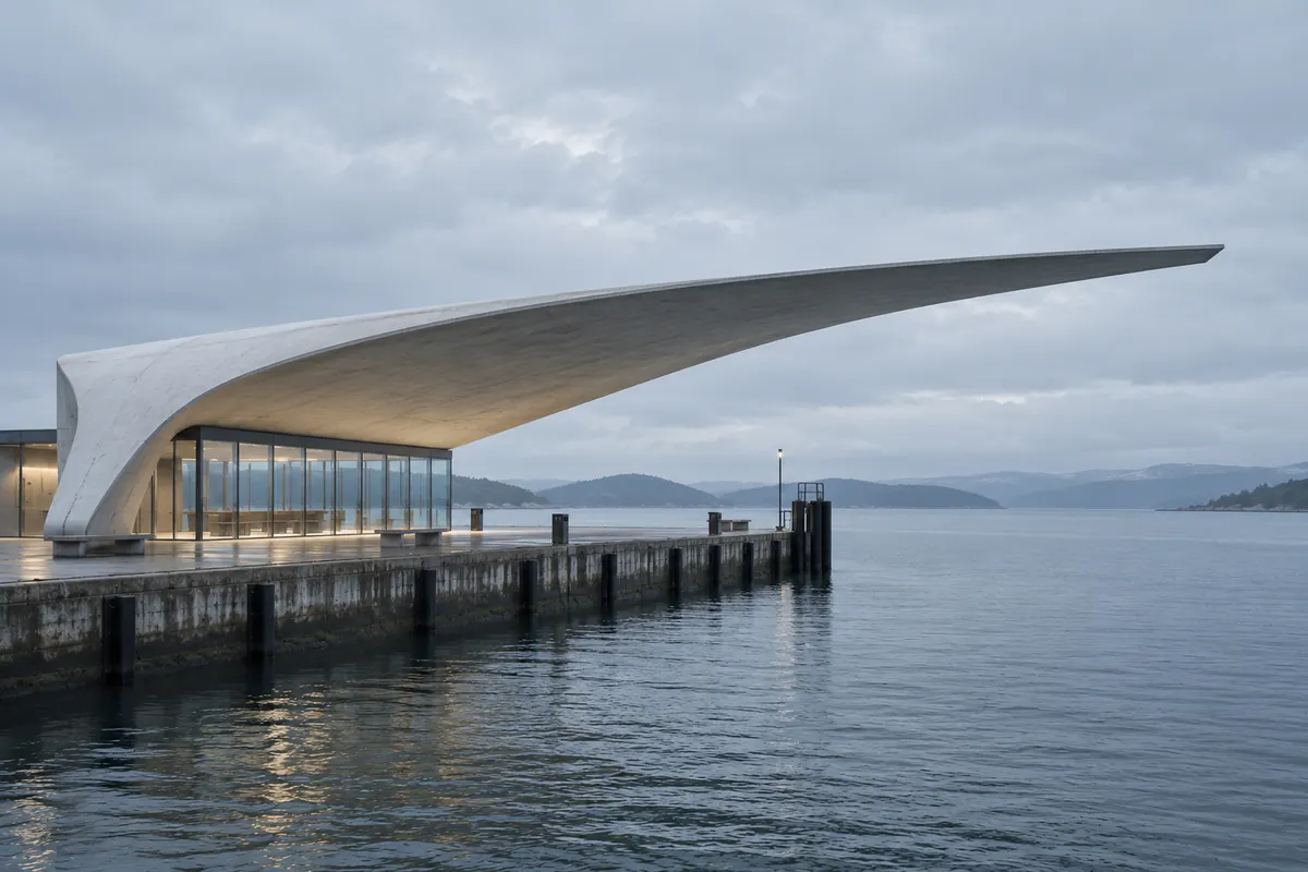A cantilevered concrete shell roof over a ferry pier